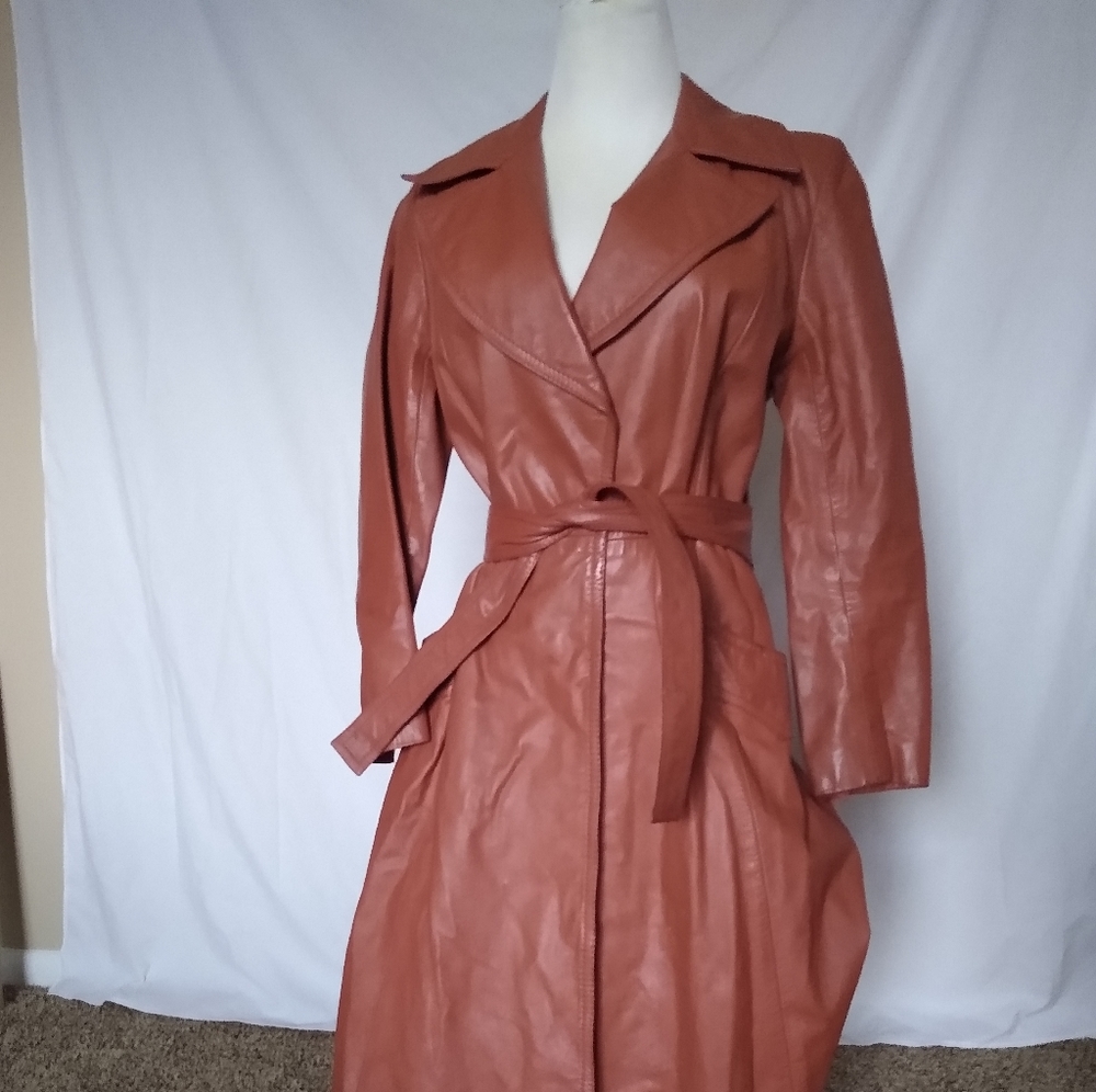 Vintage Leather Trench Coat Open Tie Close Burnt Orange by P.B.D. International - Picture 1 of 14